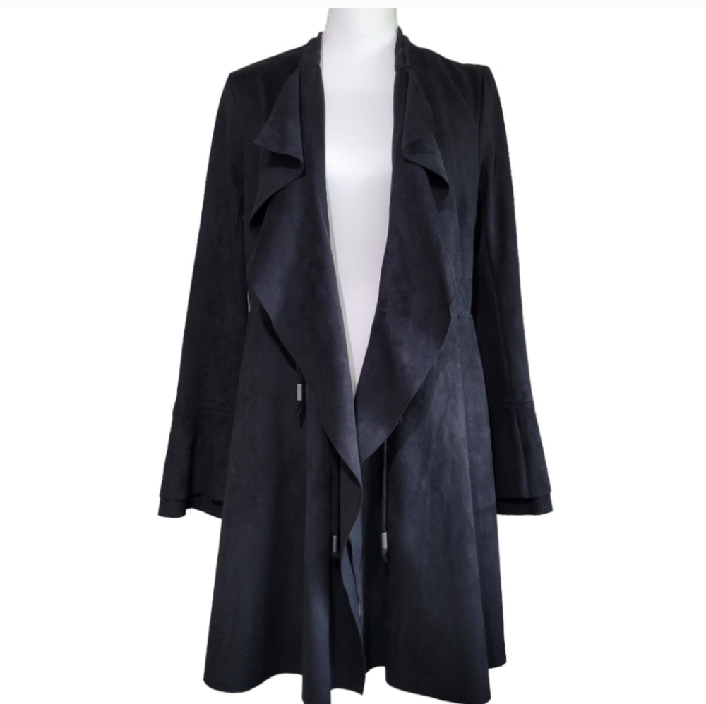 Free People Faux Suede Meadow RUFFLE TIE FRONT LONG jacket in Black